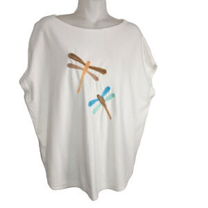 Aaeda Womens Felt Dragonfly Sweater Top L White Soft Dolman Cap Sleeve Knit Boho